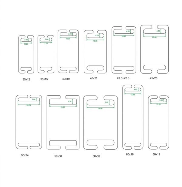 Technical dimension blueprint matrix of wholesale open C-shaped slot stainless steel metal blanks ranging from 35x12mm up to 60x19mm for factory catalog.