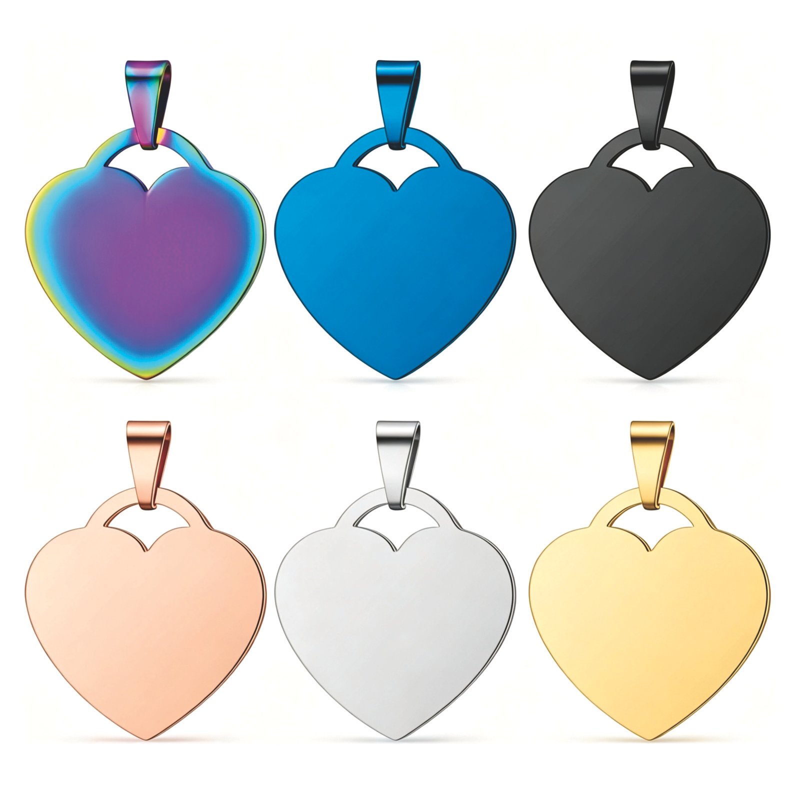 Six heart-shaped stainless steel blank pendants with cutout hanging loops displayed in rainbow, blue, black, rose gold, silver, and gold colors on a white background.