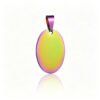 A highly polished, iridescent stainless steel oval pendant with a plain surface and a top bail, set against a white background.