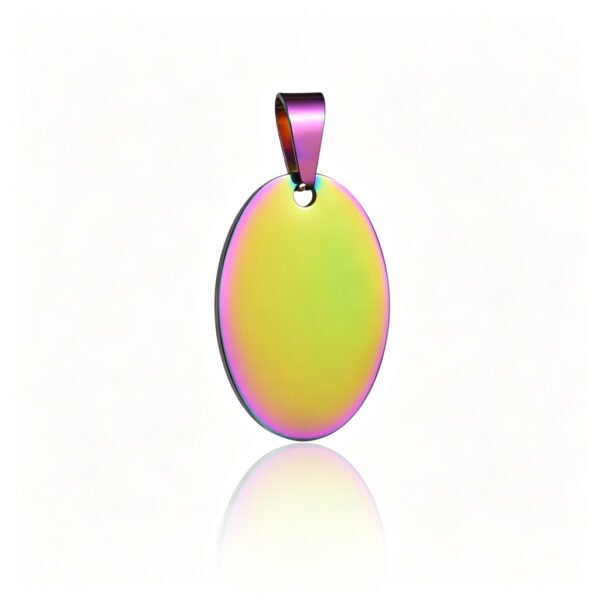 A highly polished, iridescent stainless steel oval pendant with a plain surface and a top bail, set against a white background.