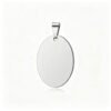 A high-polished, silver-tone stainless steel oval pendant with a plain surface and a top bail, set against a white background.
