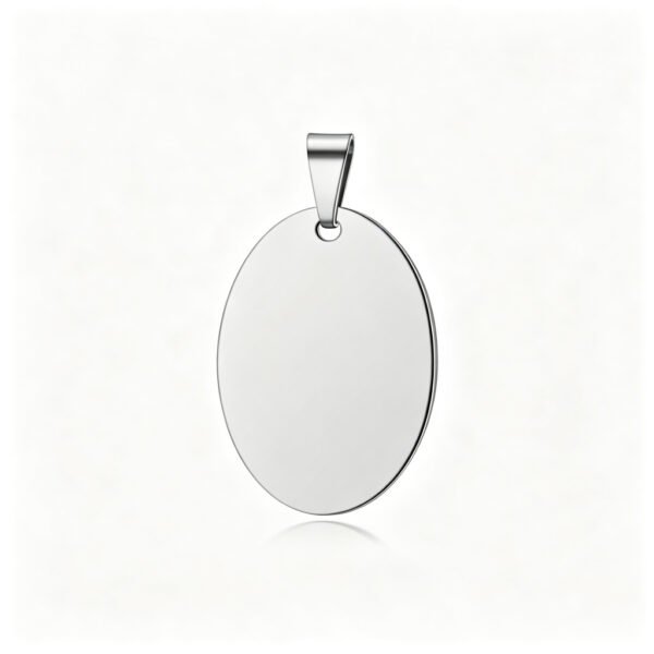 A high-polished, silver-tone stainless steel oval pendant with a plain surface and a top bail, set against a white background.