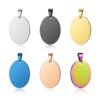 Six blank stainless steel oval pendants in different colors including silver, black, gold, blue, rose gold, and rainbow finish on a plain white background for laser engraving customization.