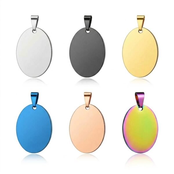 Six blank stainless steel oval pendants in different colors including silver, black, gold, blue, rose gold, and rainbow finish on a plain white background for laser engraving customization.