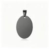 A high-polished, black stainless steel oval pendant with a top bail, set against a white background.