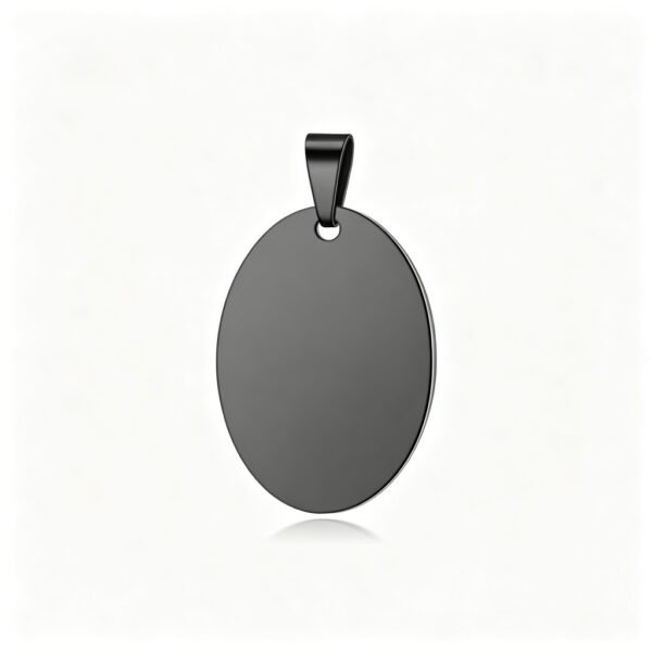 A high-polished, black stainless steel oval pendant with a top bail, set against a white background.