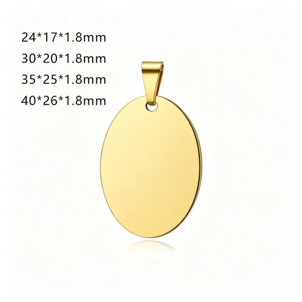 A high-polished gold stainless steel oval pendant with a plain surface and a top bail, set against a white background; four different sizes are indicated in the upper-left corner for B2B wholesale.