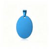 A high-polished blue stainless steel oval pendant with a plain surface and a top bail, set against a white background.
