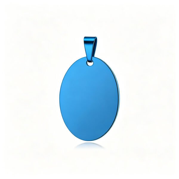A high-polished blue stainless steel oval pendant with a plain surface and a top bail, set against a white background.