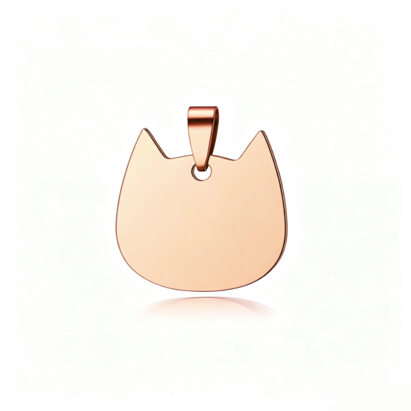 An elegant rose gold stainless steel cat-shaped pet ID tag blank with an attached metal pendant bail, with a subtle casting shadow.