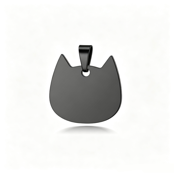 A sleek matte black electroplated stainless steel solid cat head plate charm, showing a premium dark finish against a white background.