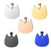 Five solid stainless steel cat head silhouette pendants with necklace bails, displayed together in silver, gold, rose gold, matte black, and royal blue finishes.