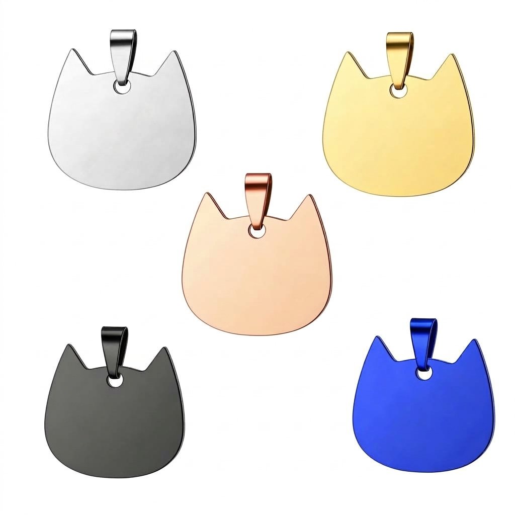 Five solid stainless steel cat head silhouette pendants with necklace bails, displayed together in silver, gold, rose gold, matte black, and royal blue finishes.