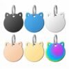 Six stainless steel cat charms with hollow ears and attached split rings, displayed linearly in matte black, blue, silver, rose gold, gold, and rainbow finishes.