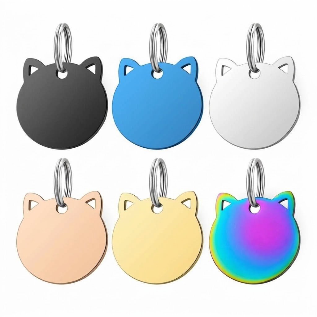 Six stainless steel cat charms with hollow ears and attached split rings, displayed linearly in matte black, blue, silver, rose gold, gold, and rainbow finishes.