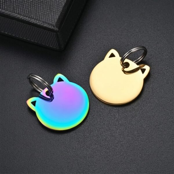 A gold and a vibrant rainbow anodized stainless steel cat silhouette tag with keyrings, resting next to a black textured gift box.