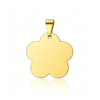 A single gold-plated stainless steel flower-shaped tag blank with a matching metal pendant bail, centered on a crisp white background with a soft reflection.