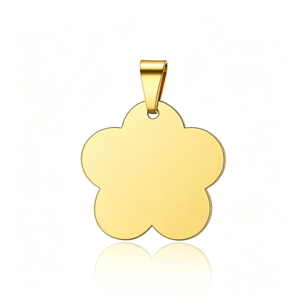 A single gold-plated stainless steel flower-shaped tag blank with a matching metal pendant bail, centered on a crisp white background with a soft reflection.