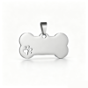 A mirror-polished silver stainless steel bone tag charm with a cutout paw print and a large pendant bail, isolated on a clean white background.