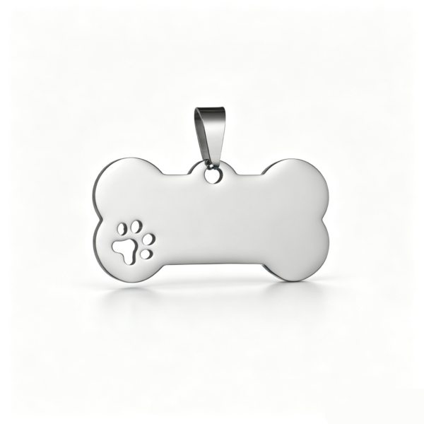 A mirror-polished silver stainless steel bone tag charm with a cutout paw print and a large pendant bail, isolated on a clean white background.