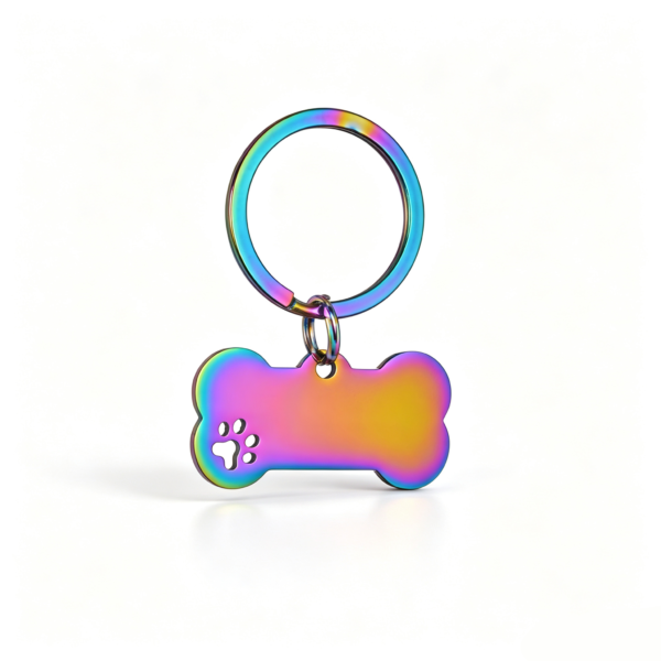 A vibrant rainbow anodized stainless steel bone charm with a cutout paw print, attached to a matching rainbow flat split keyring.