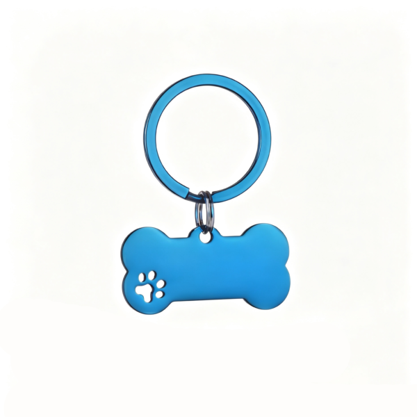 A royal blue electroplated stainless steel bone tag with an integrated cutout paw design, paired with a matching blue keychain ring.