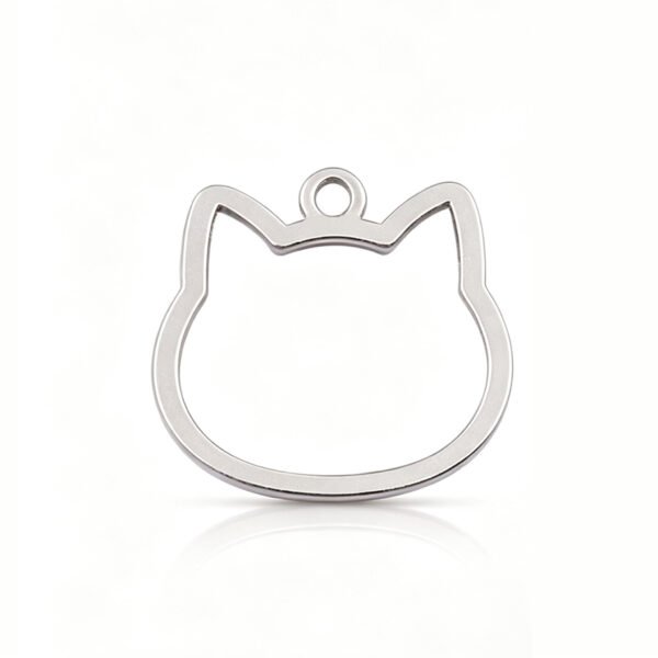 A sleek silver stainless steel hollow cat head outline charm blank, centered on a clean white surface.
