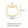 A technical product diagram of a gold cat head outline tag showing dimensions of 20mm width, 20mm height, 1.5mm top hole, and standard size specs.