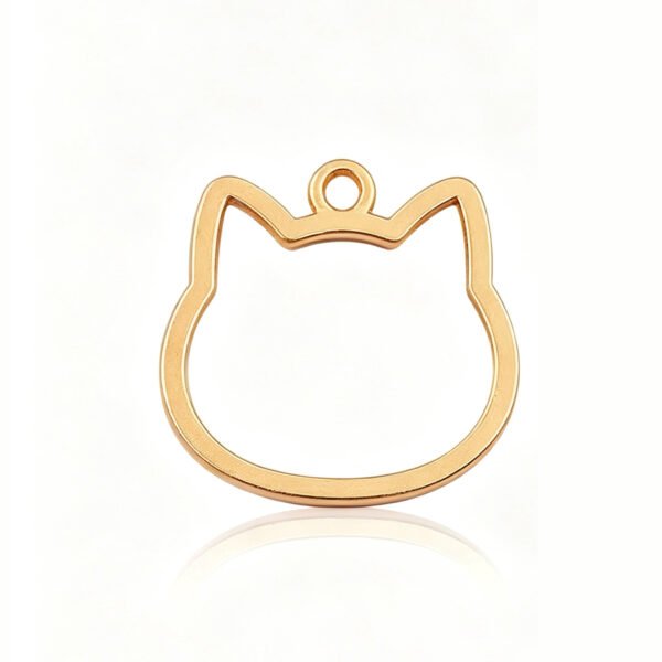 A single mirror-polished rose gold stainless steel cat head silhouette frame pendant with a top loop, isolated on a white background with a soft reflection.