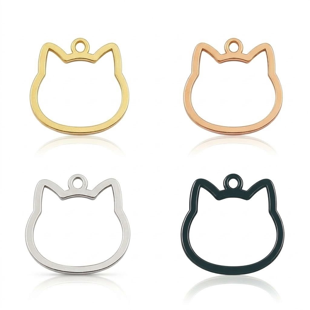 镂空猫头 (7) A set of four stainless steel pendants featuring cutout cat silhouettes, showcasing gold, rose gold, silver, and black finishes on their polished surfaces.