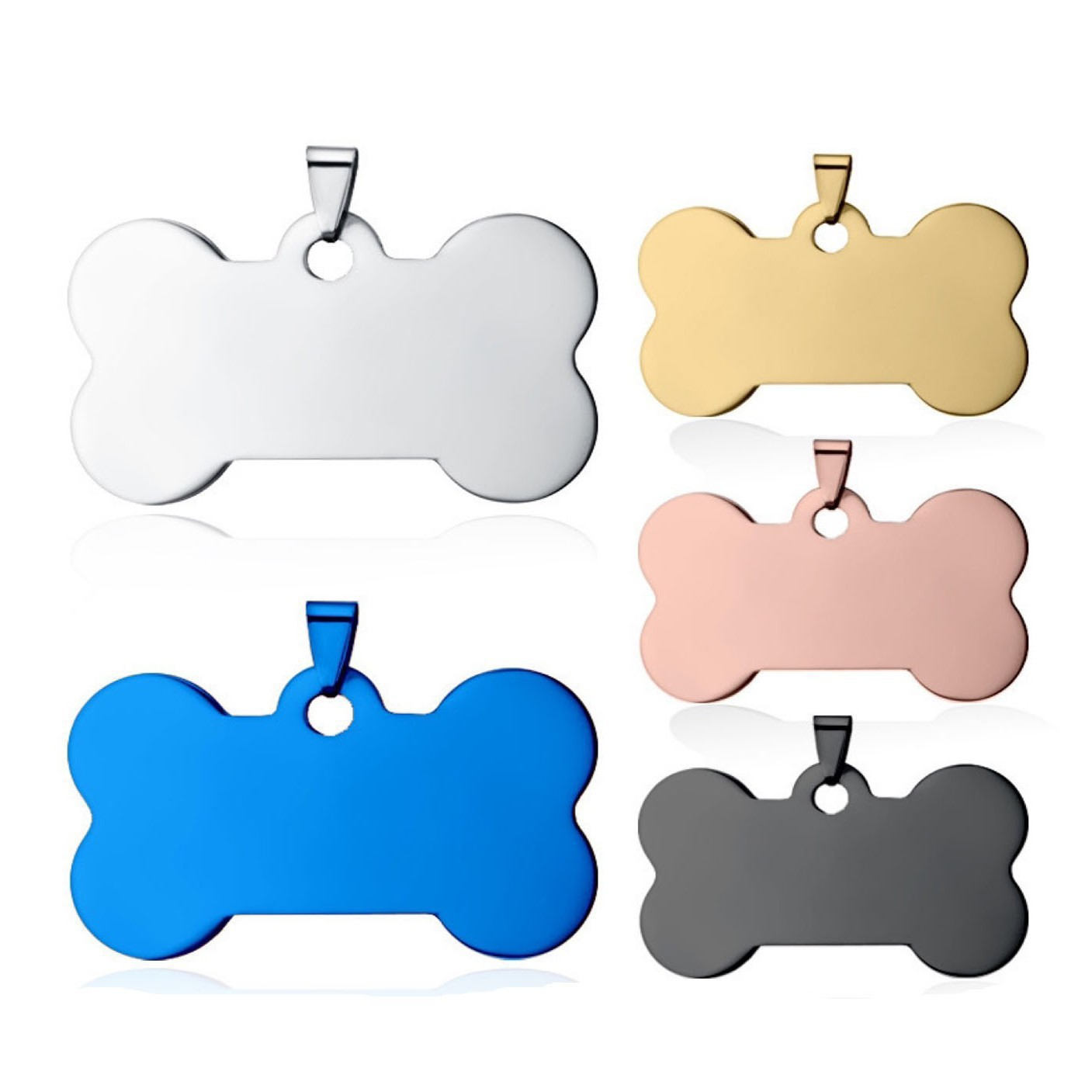 Five bone-shaped stainless steel charms with small pinch bails in different sizes and colors, including silver, blue, gold, rose gold, and dark grey.